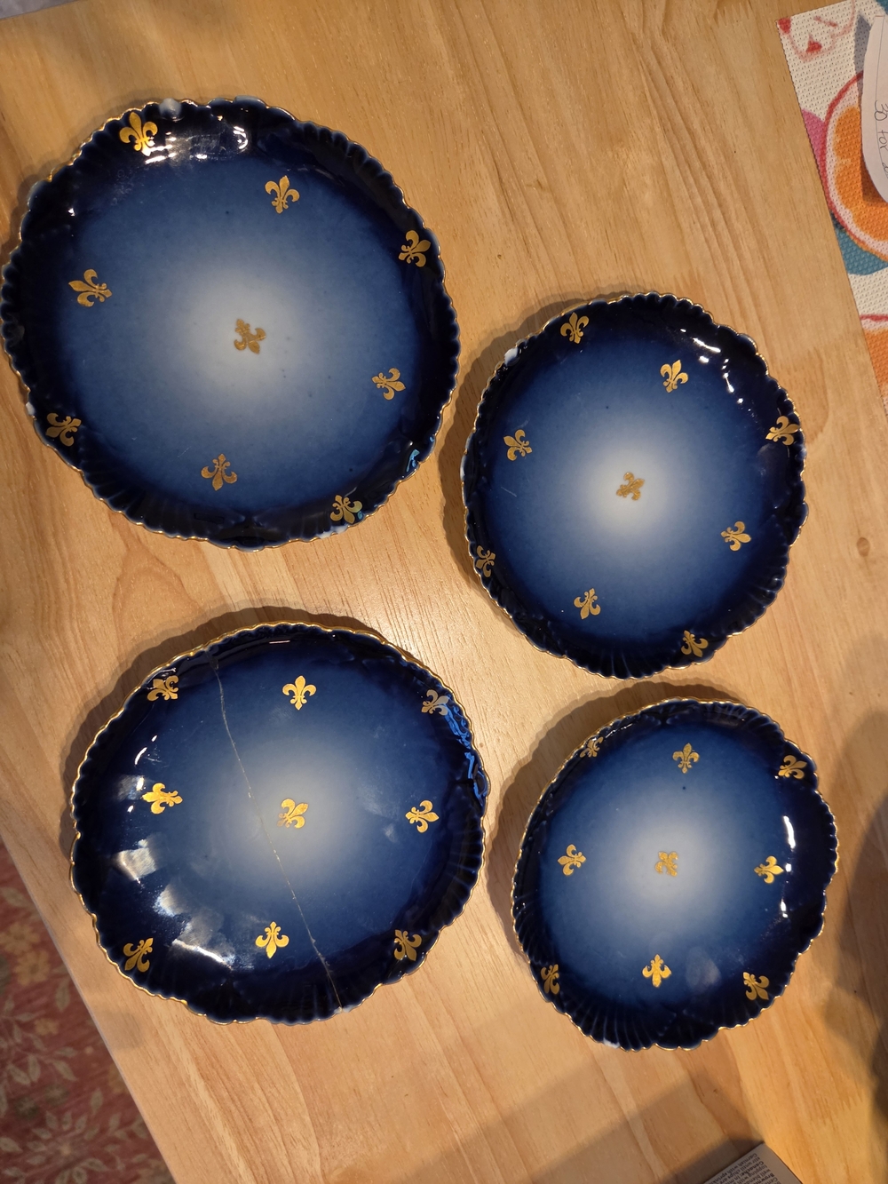 Antique Blue and Gold Fleur-de-Lis Decorative Dinner Plates - Set of 4